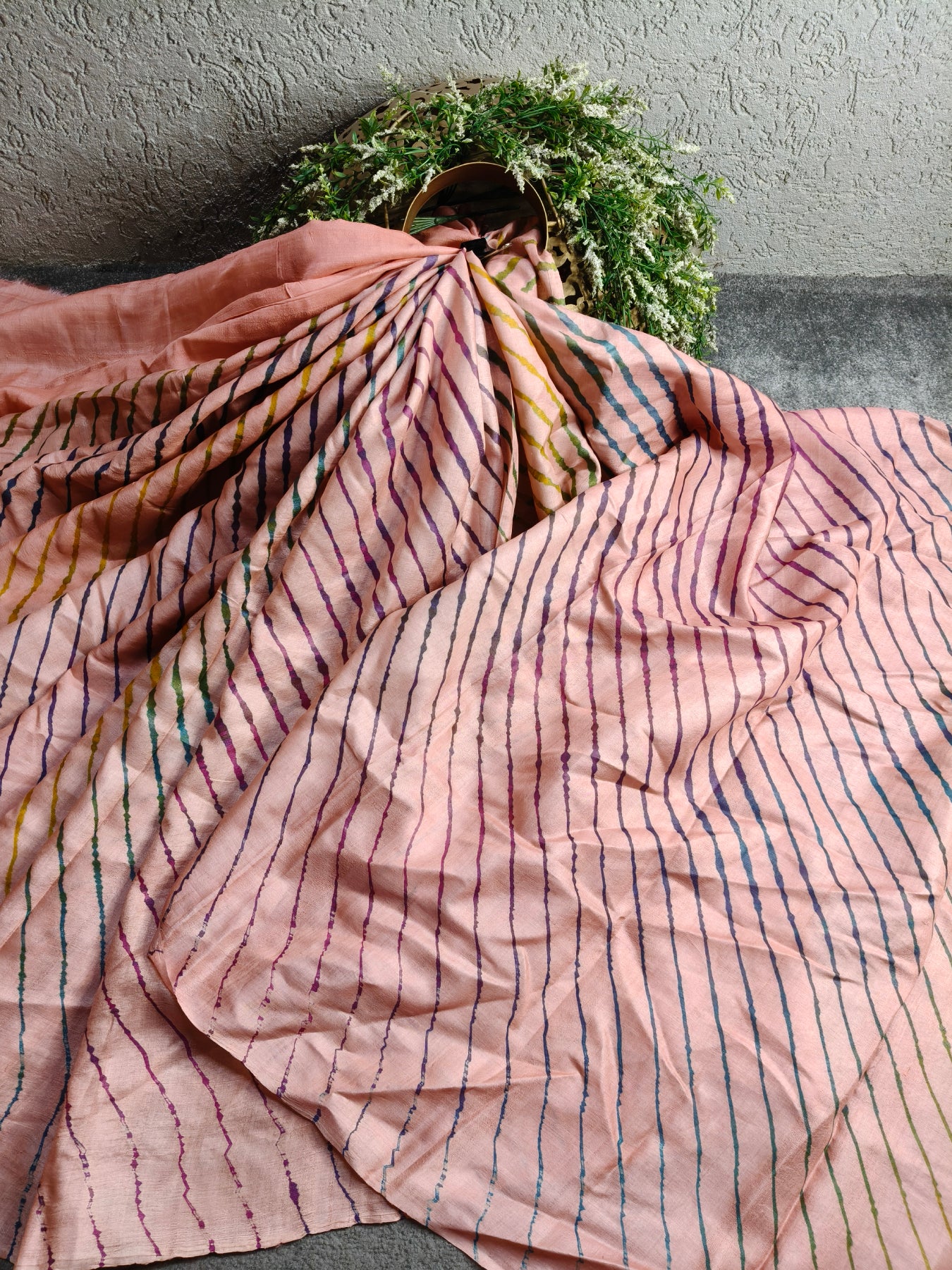 PEACH TUSSAR SILK PURE HANDLOOM LEHERIYA SAREE