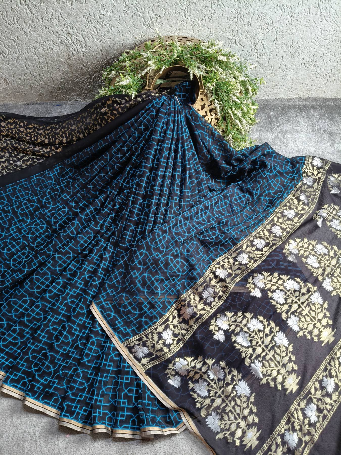 BLACK BLUE CHIFFIN PURE HANDLOOM BANARASI SAREE