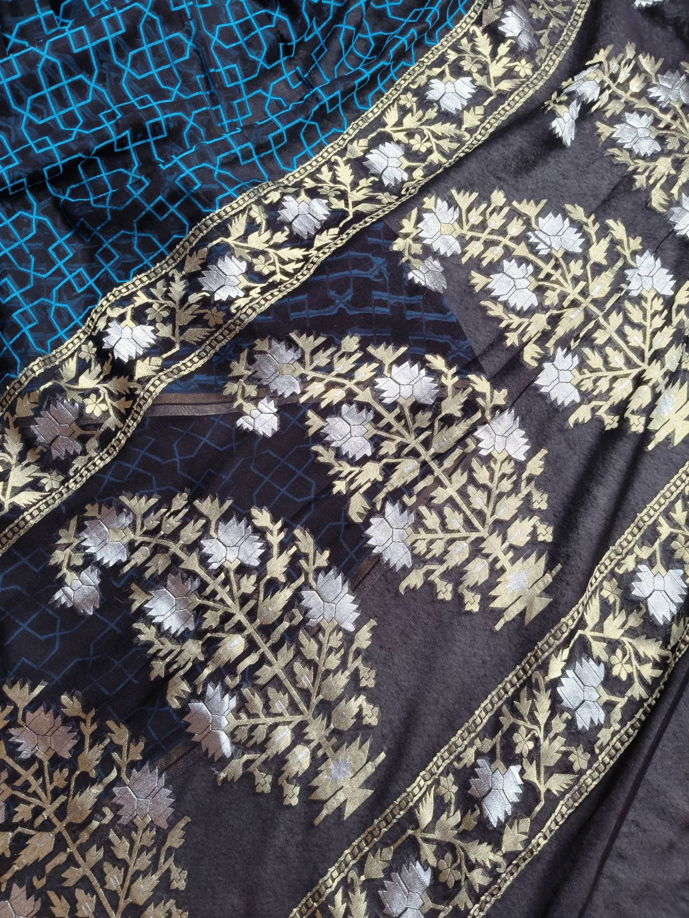BLACK BLUE CHIFFIN PURE HANDLOOM BANARASI SAREE