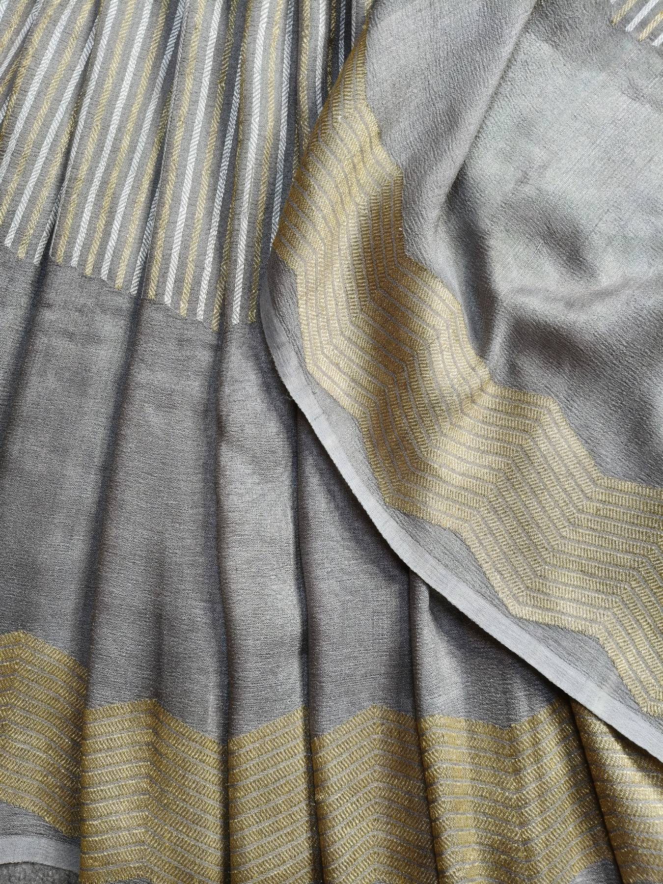 GREY GEORGETTE TUSSAR PURE HANDLOOM BANARSI SAREE