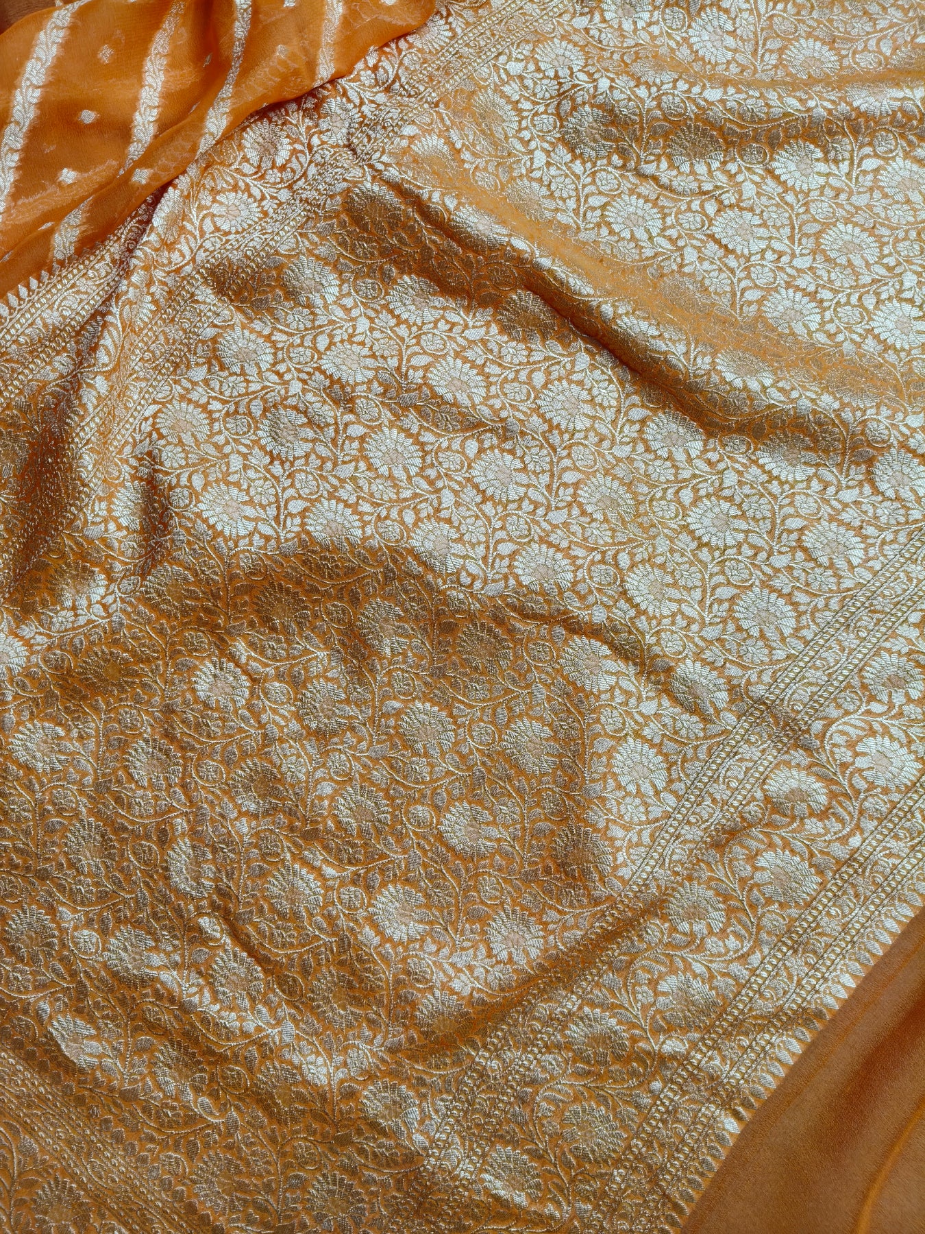 TWO SHADED RANI PINK AND ORANGE CHIFFON PURE HANDLOOM BANARASI SAREE