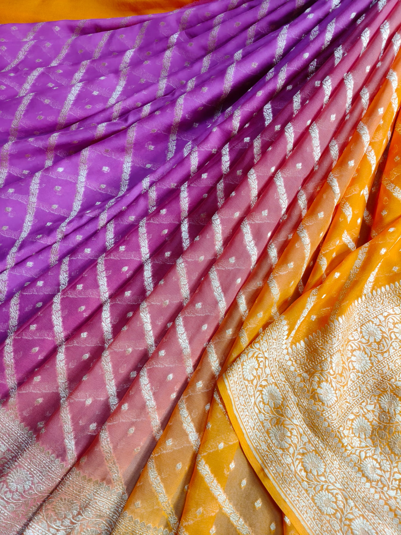 TWO SHADED RANI PINK AND ORANGE CHIFFON PURE HANDLOOM BANARASI SAREE