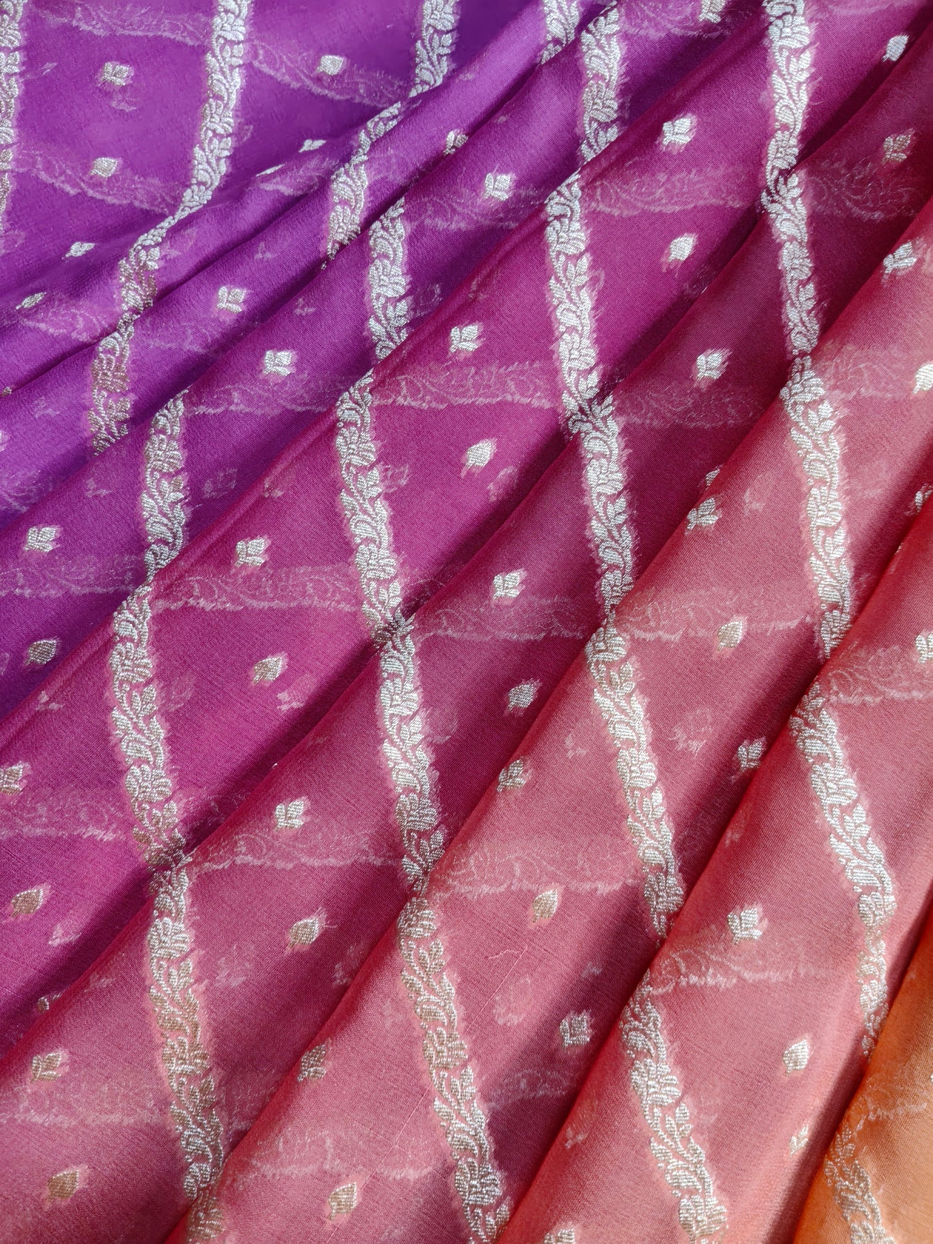 TWO SHADED RANI PINK AND ORANGE CHIFFON PURE HANDLOOM BANARASI SAREE