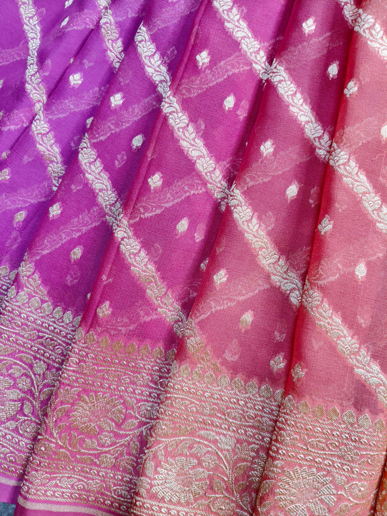 TWO SHADED RANI PINK AND ORANGE CHIFFON PURE HANDLOOM BANARASI SAREE