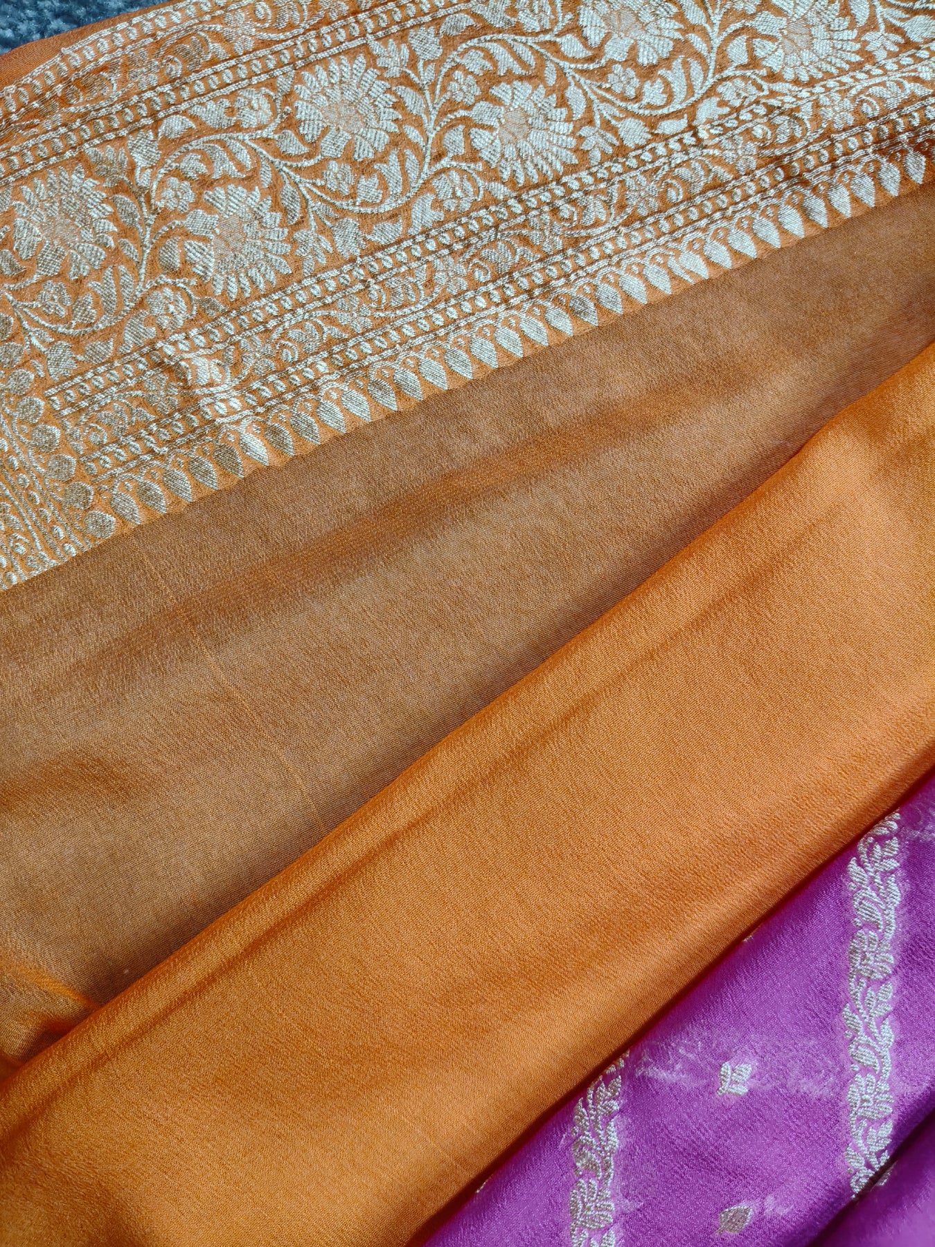 TWO SHADED RANI PINK AND ORANGE CHIFFON PURE HANDLOOM BANARASI SAREE