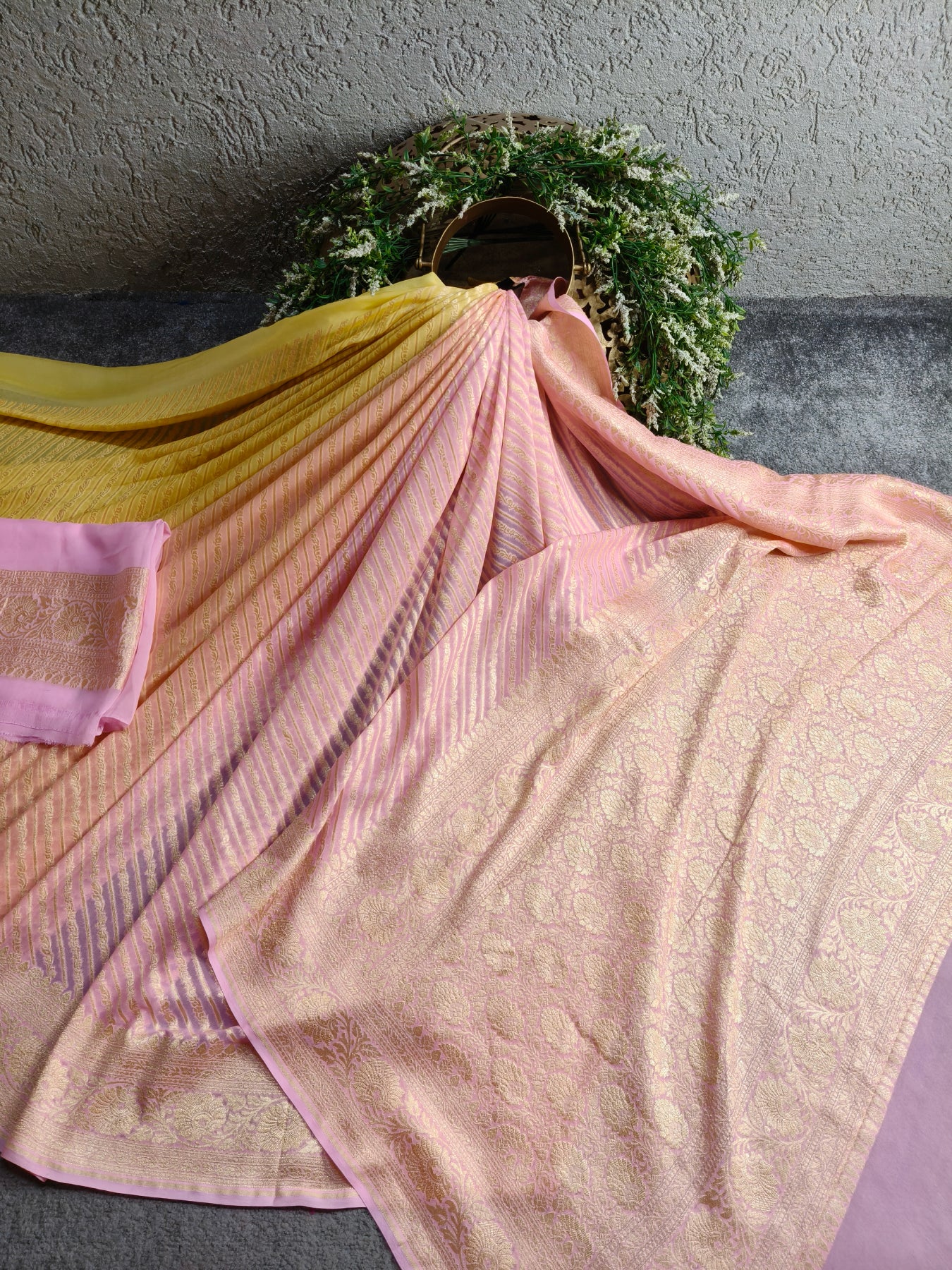 TWO SHADED BABY PINK AND LEMON YELLOW CHIFFON PURE HANDLOOM BANARASI SAREE