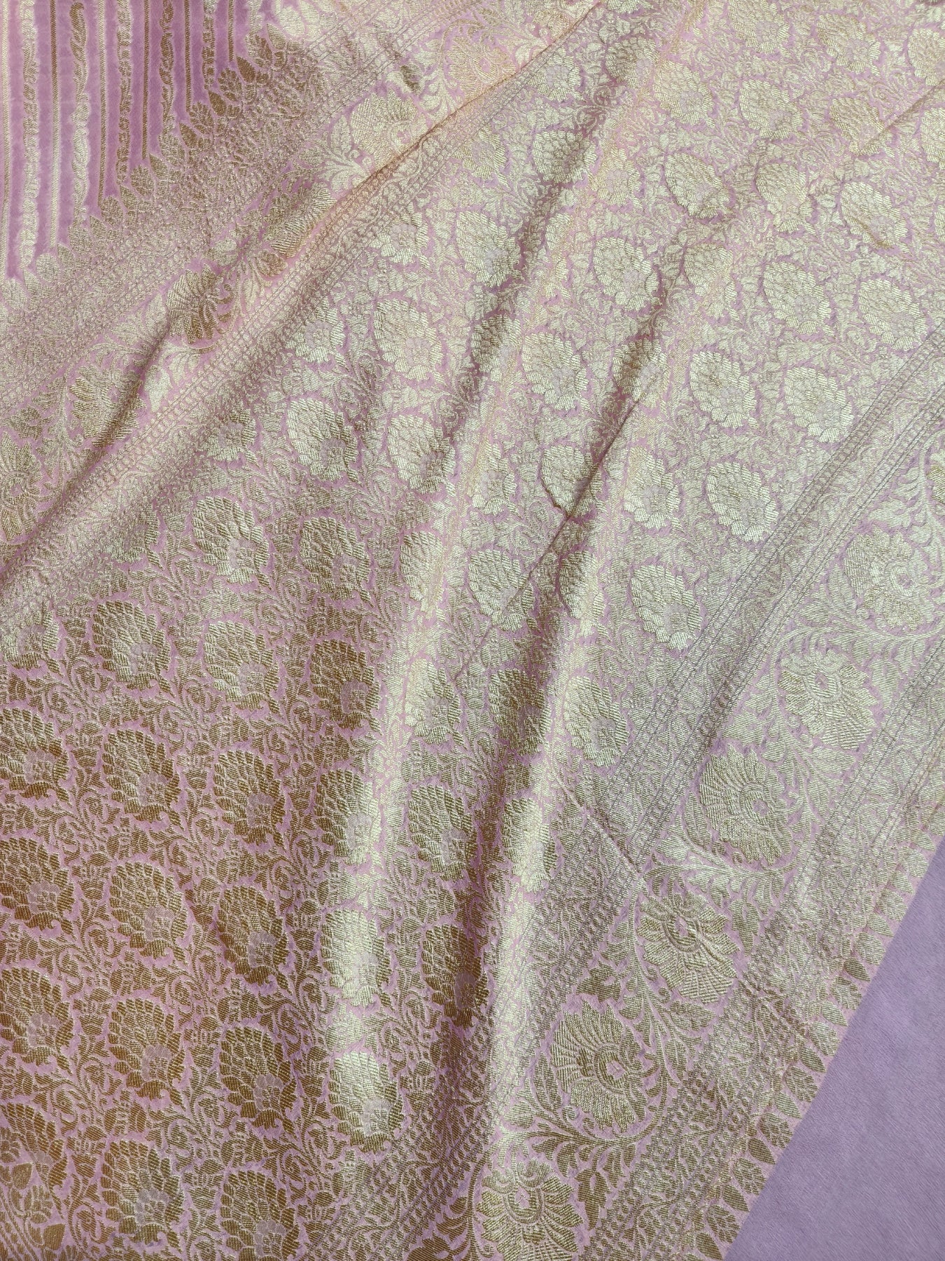 TWO SHADED BABY PINK AND LEMON YELLOW CHIFFON PURE HANDLOOM BANARASI SAREE
