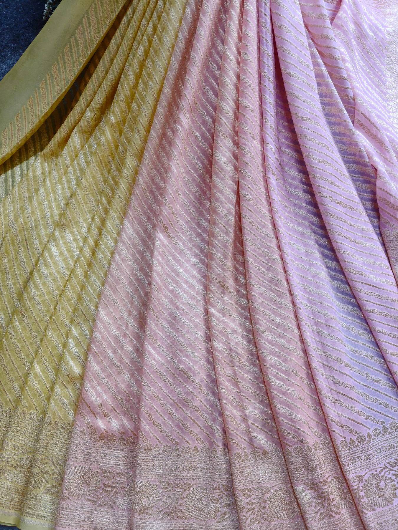 TWO SHADED BABY PINK AND LEMON YELLOW CHIFFON PURE HANDLOOM BANARASI SAREE