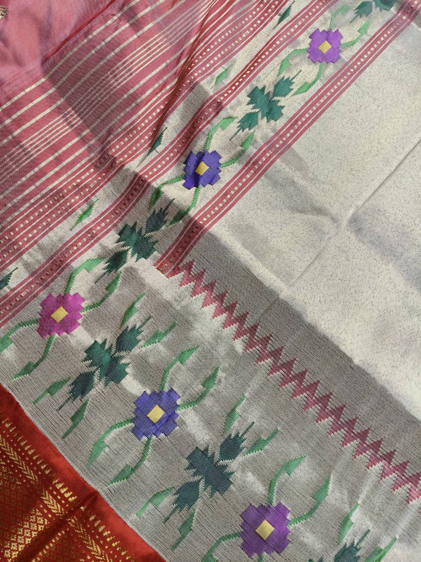 CORAL PINK SILK PURE HANDLOOM PAITHANI SAREE