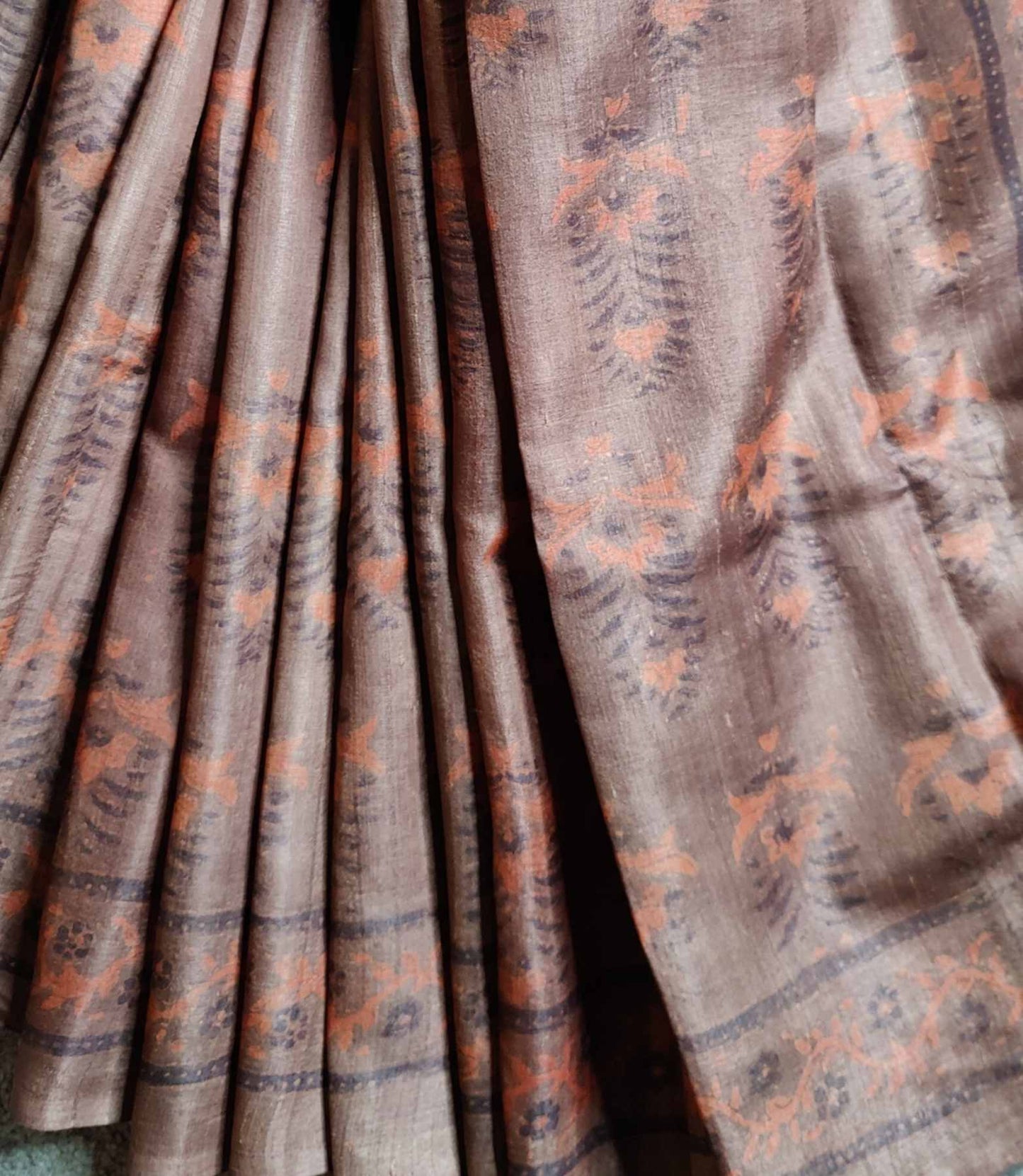 DARK CARAMEL TUSSAR SILK PURE HANDLOOM ORGANIC DYE HANDBLOCK PRINT SAREE