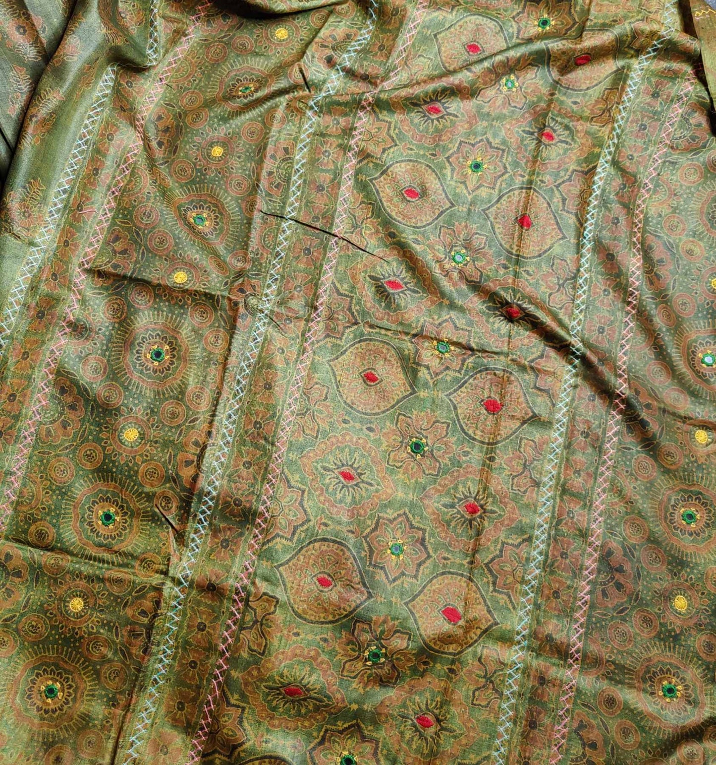 MEHNDI GREEN TUSSAR SILK PURE HANDLOOM ORGANIC DYE HANDBLOCK PRINT SAREE
