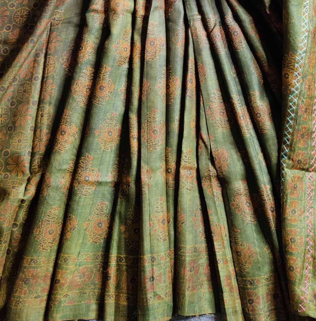 MEHNDI GREEN TUSSAR SILK PURE HANDLOOM ORGANIC DYE HANDBLOCK PRINT SAREE