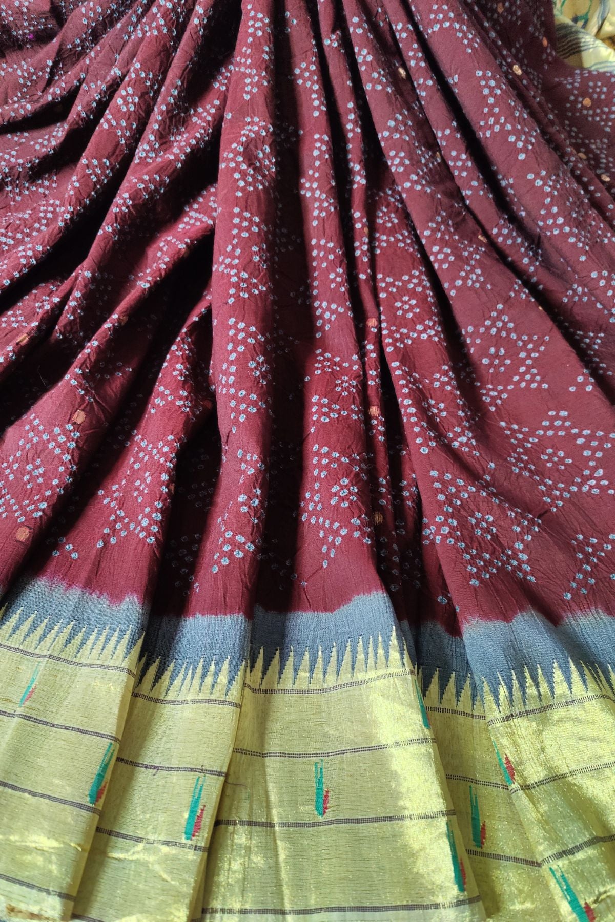 MAROON COTTON PURE HANDLOOM BANDHEJ SAREE