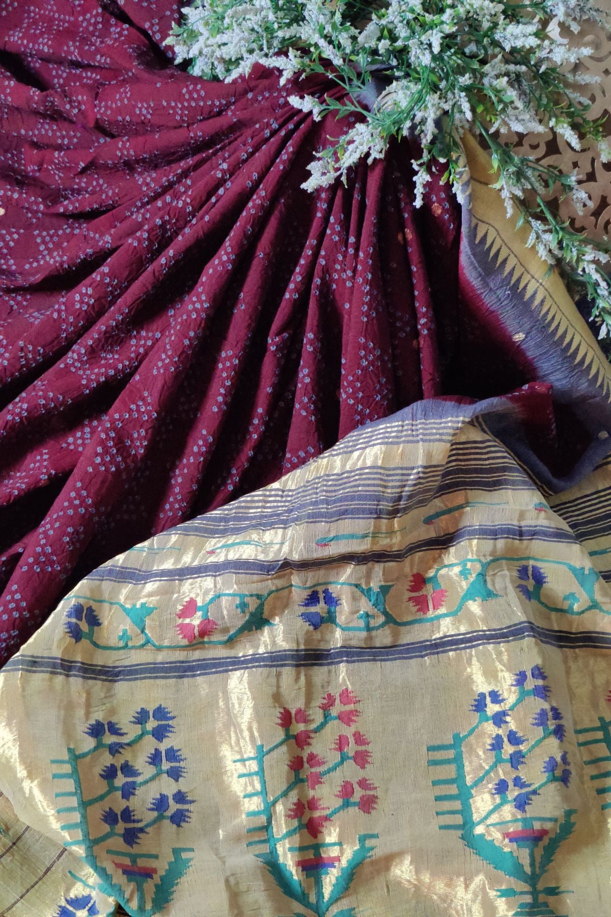 MAROON COTTON PURE HANDLOOM BANDHEJ SAREE
