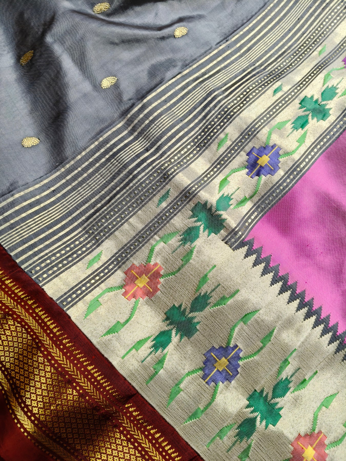 GREY SILK PURE HANDLOOM PAITHANI SAREE