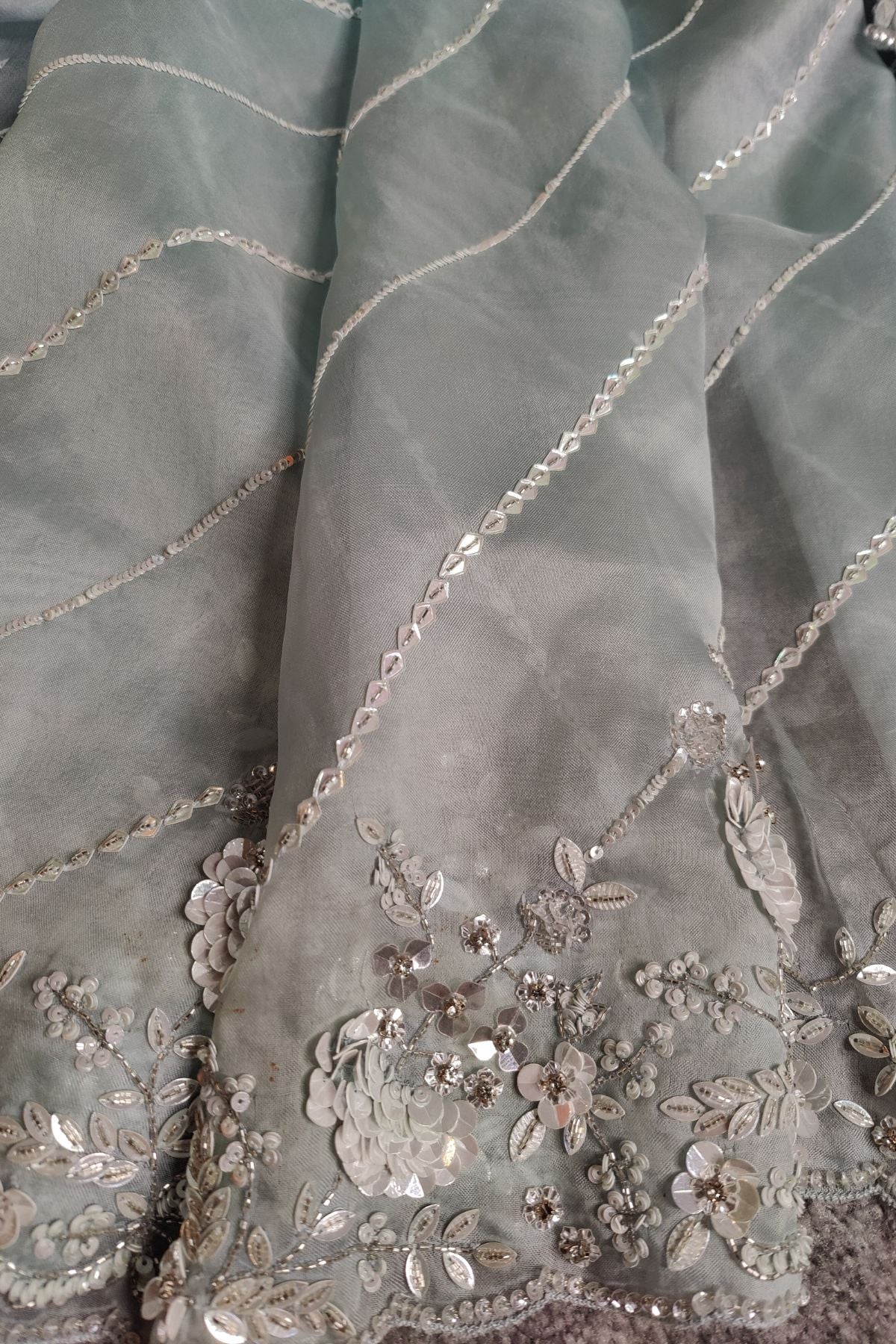 GREY ORGANZA PURE HANDLOOM EMBROIDERY SAREE