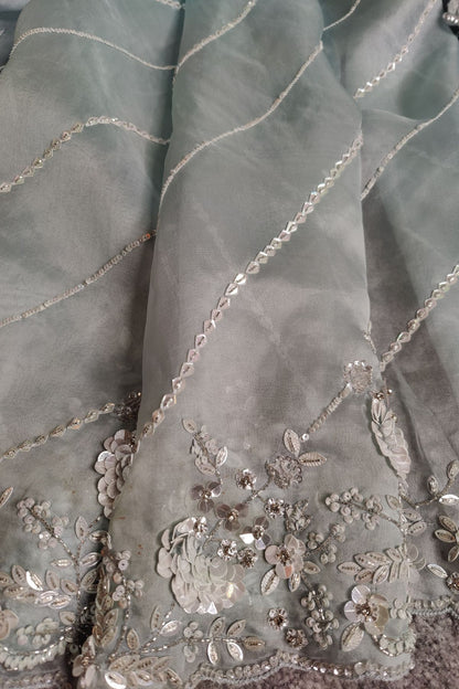 GREY ORGANZA PURE HANDLOOM EMBROIDERY SAREE