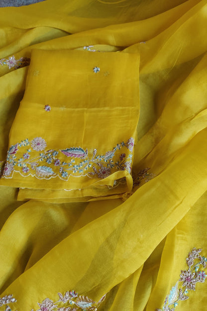 YELLOW ORGANZA PURE HANDLOOM EMBROIDERY SAREE