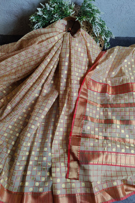BEIGE PURE HANDLOOM MUL COTTON SILK CHANDERI SAREE