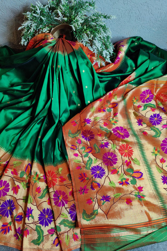 BOTTLE GREEN PURE SILK HANDLOOM PAITHANI SAREE