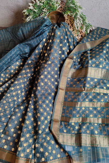 TEAL BLUE PURE HANDLOOM RESHAM BY RESHAM SILK CHANDERI SAREE