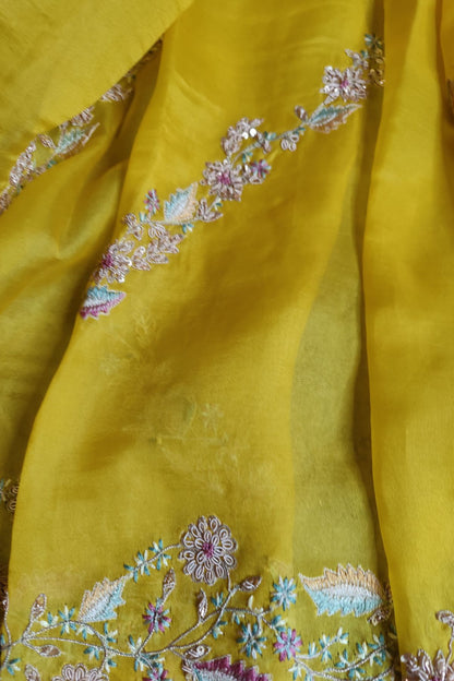 YELLOW ORGANZA PURE HANDLOOM EMBROIDERY SAREE