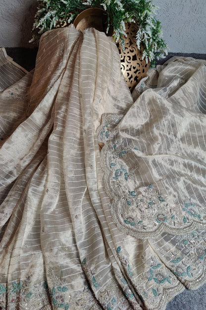 CREAM TISSUE PURE HANDLOOM EMBROIDERY SAREE