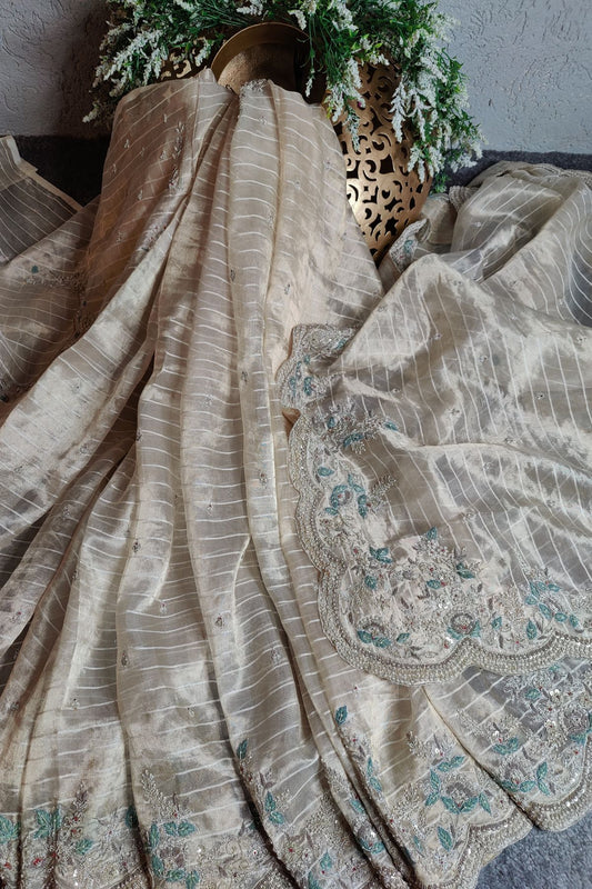 CREAM TISSUE PURE HANDLOOM EMBROIDERY SAREE
