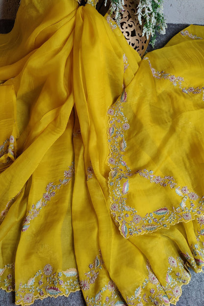 YELLOW ORGANZA PURE HANDLOOM EMBROIDERY SAREE