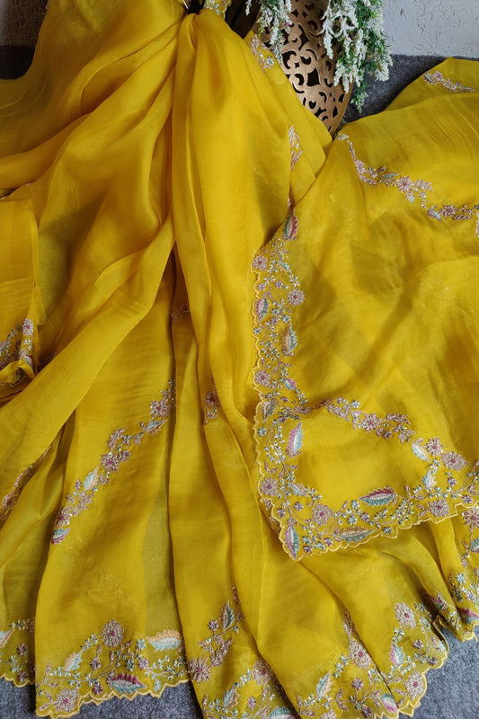 YELLOW ORGANZA PURE HANDLOOM EMBROIDERY SAREE