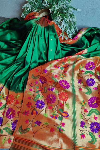 BOTTLE GREEN PURE SILK HANDLOOM PAITHANI SAREE