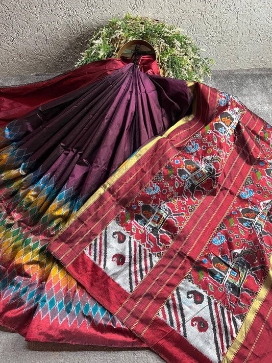 WINE  SILK PURE HANDLOOM IKKAT SAREE
