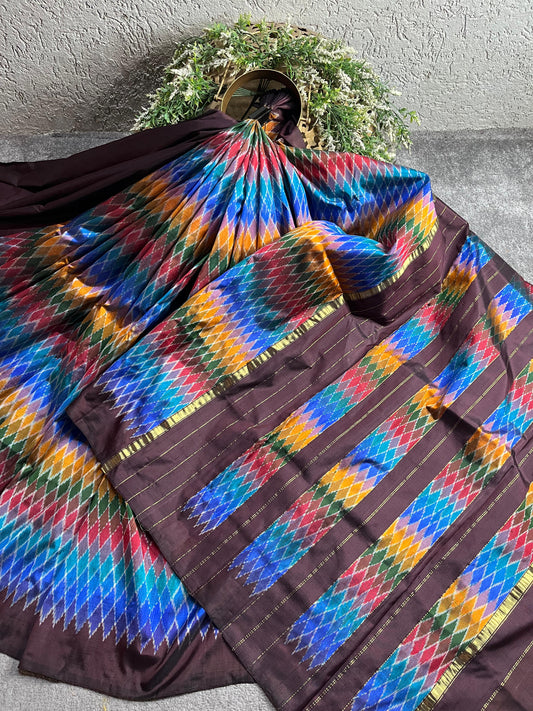 BROWN SILK PURE HANDLOOM IKKAT SAREE