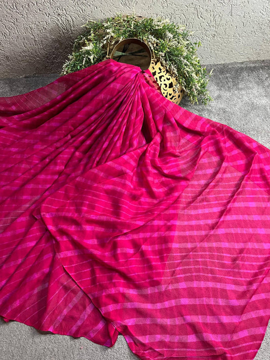 PINK CHIFFON PURE HANDLOOM LEHERIYA SAREE