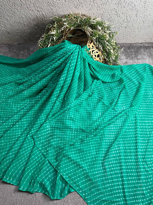 SEA GREEN CHIFFON PURE HANDLOOM LEHERIYA SAREE