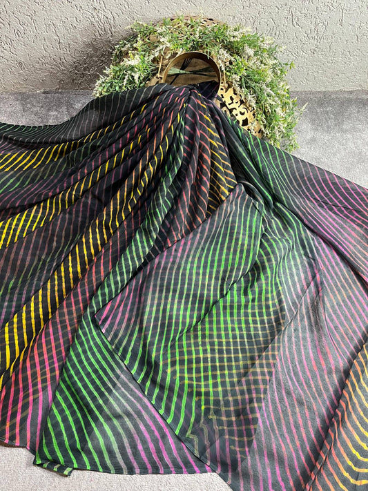 BLACK CHIFFON PURE HANDLOOM LEHERIYA SAREE