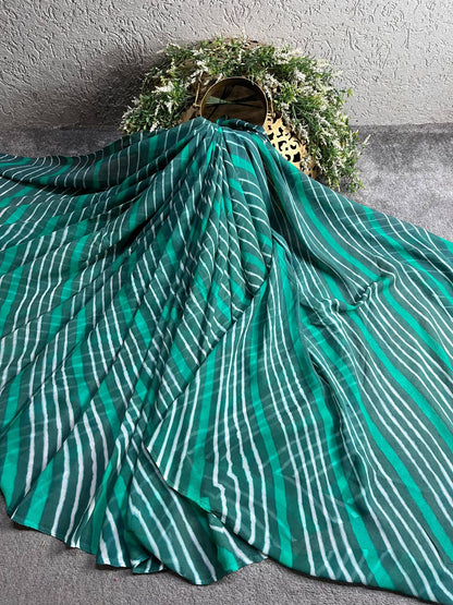 GREEN AND WHITE CHIFFON PURE HANDLOOM LEHERIYA SAREE