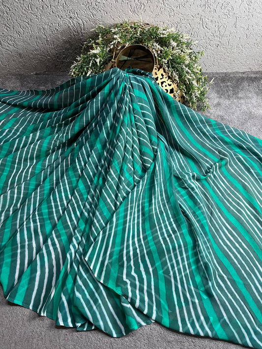 GREEN AND WHITE CHIFFON PURE HANDLOOM LEHERIYA SAREE