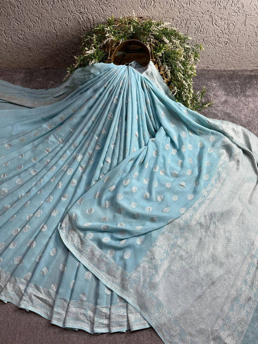 POWDER BLUE CHIFFON PURE HANDLOOM BANARASI SAREE