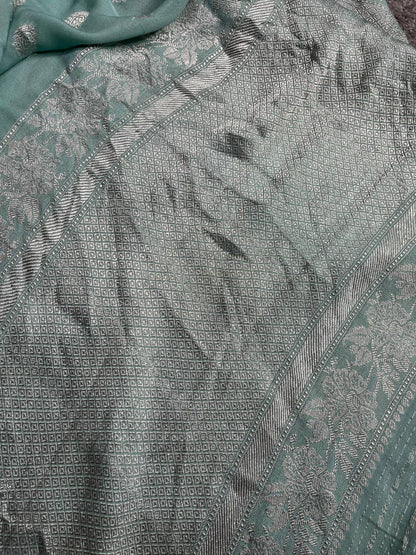 ICE BLUE CHIFFON PURE HANDLOOM BANARASI SAREE