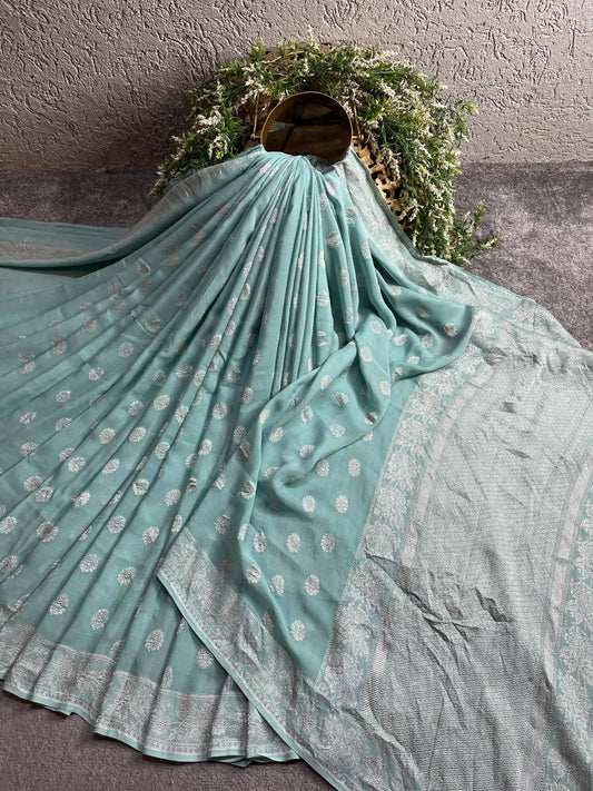 ICE BLUE CHIFFON PURE HANDLOOM BANARASI SAREE