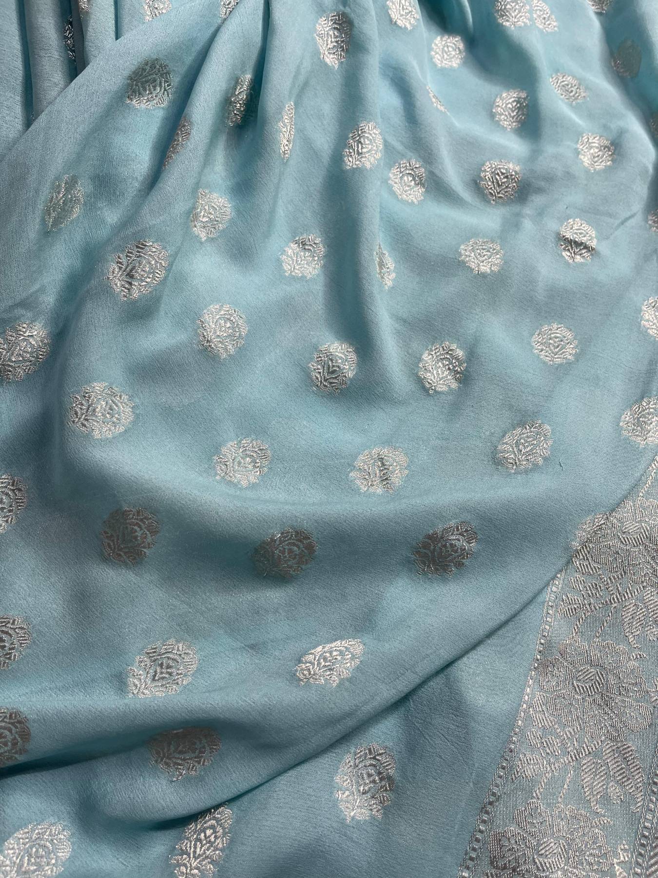 POWDER BLUE CHIFFON PURE HANDLOOM BANARASI SAREE