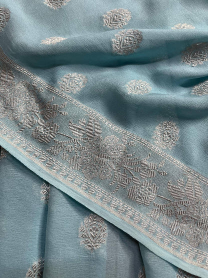 POWDER BLUE CHIFFON PURE HANDLOOM BANARASI SAREE