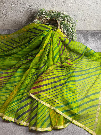 PARROT GREEN KOTA  PURE HANDLOOM  LEHERIYA SAREE