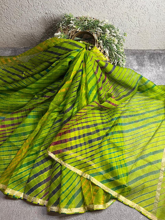 PARROT GREEN KOTA  PURE HANDLOOM  LEHERIYA SAREE