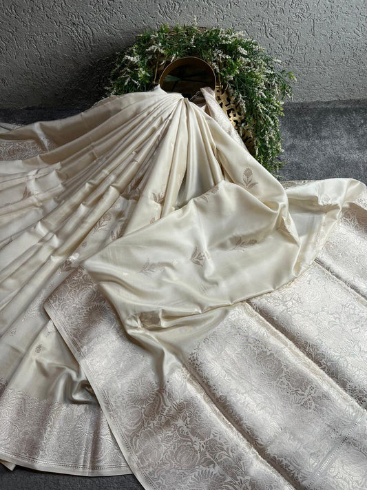 WHITE BOTH SIDE SILK PURE HANDLOOM BANARASI SAREE