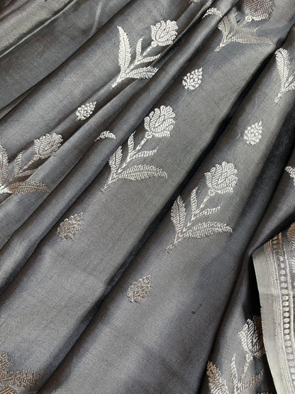 GREY BOTH SIDE SILK PURE HANDLOOM BANARASI SAREE