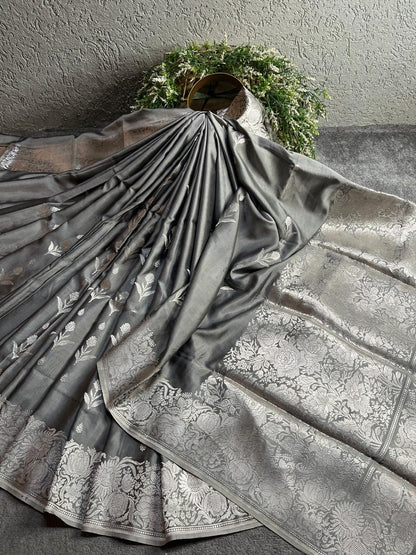 GREY BOTH SIDE SILK PURE HANDLOOM BANARASI SAREE