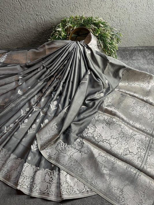 GREY BOTH SIDE SILK PURE HANDLOOM BANARASI SAREE