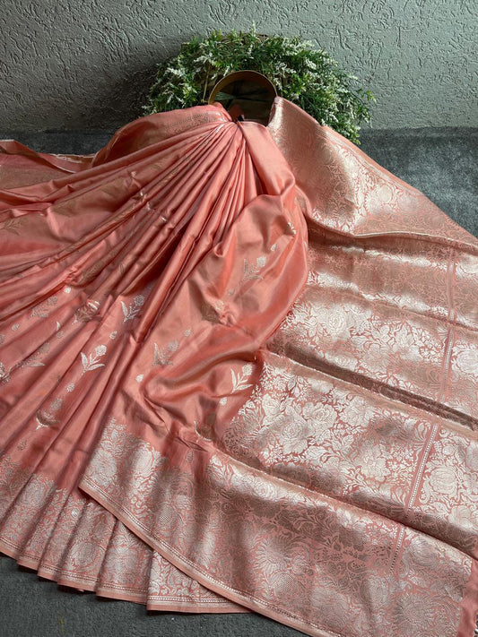 CORAL BOTH SIDE SILK PURE HANDLOOM BANARASI SAREE